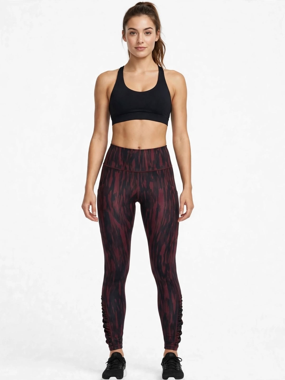 Lululemon Leggings Size 8 Burgundy Black Ikat Brush Stroke Ruffle Hem Side